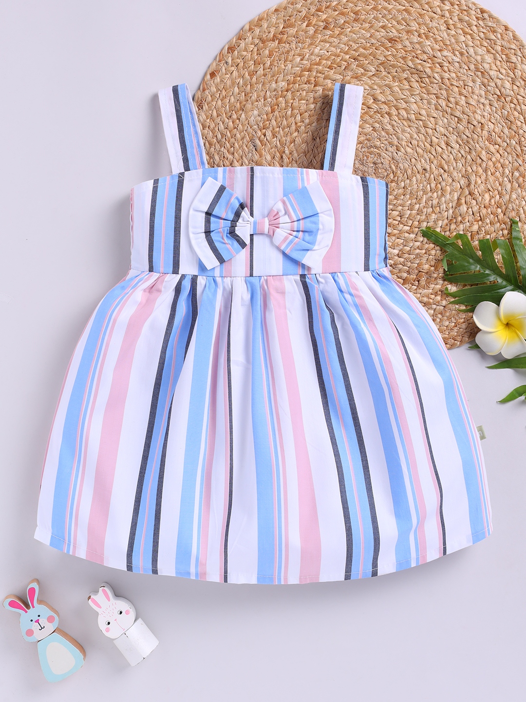 Mom’s Love Striped Printed Pure Cotton Frock And Dress For Infant Girls (Blue, Pack Of 1)