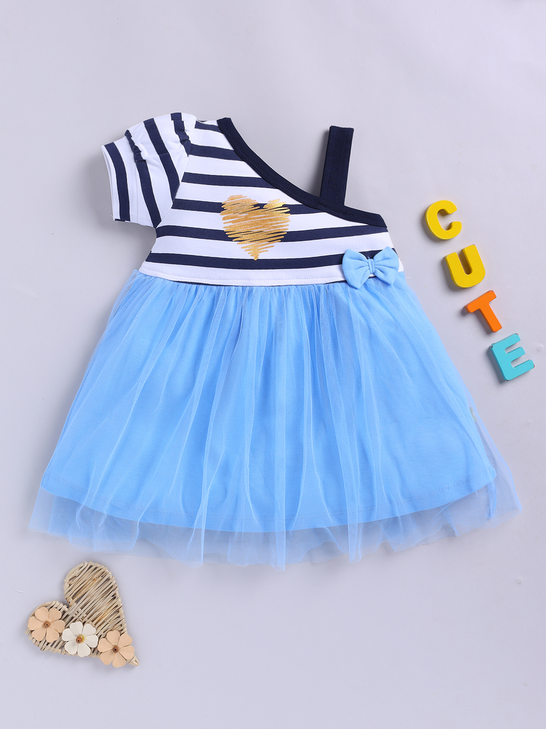 Mom’s Love Stripe Printed Pure Cotton Frock And Dress For Infant Girls (Blue Pack Of 1)