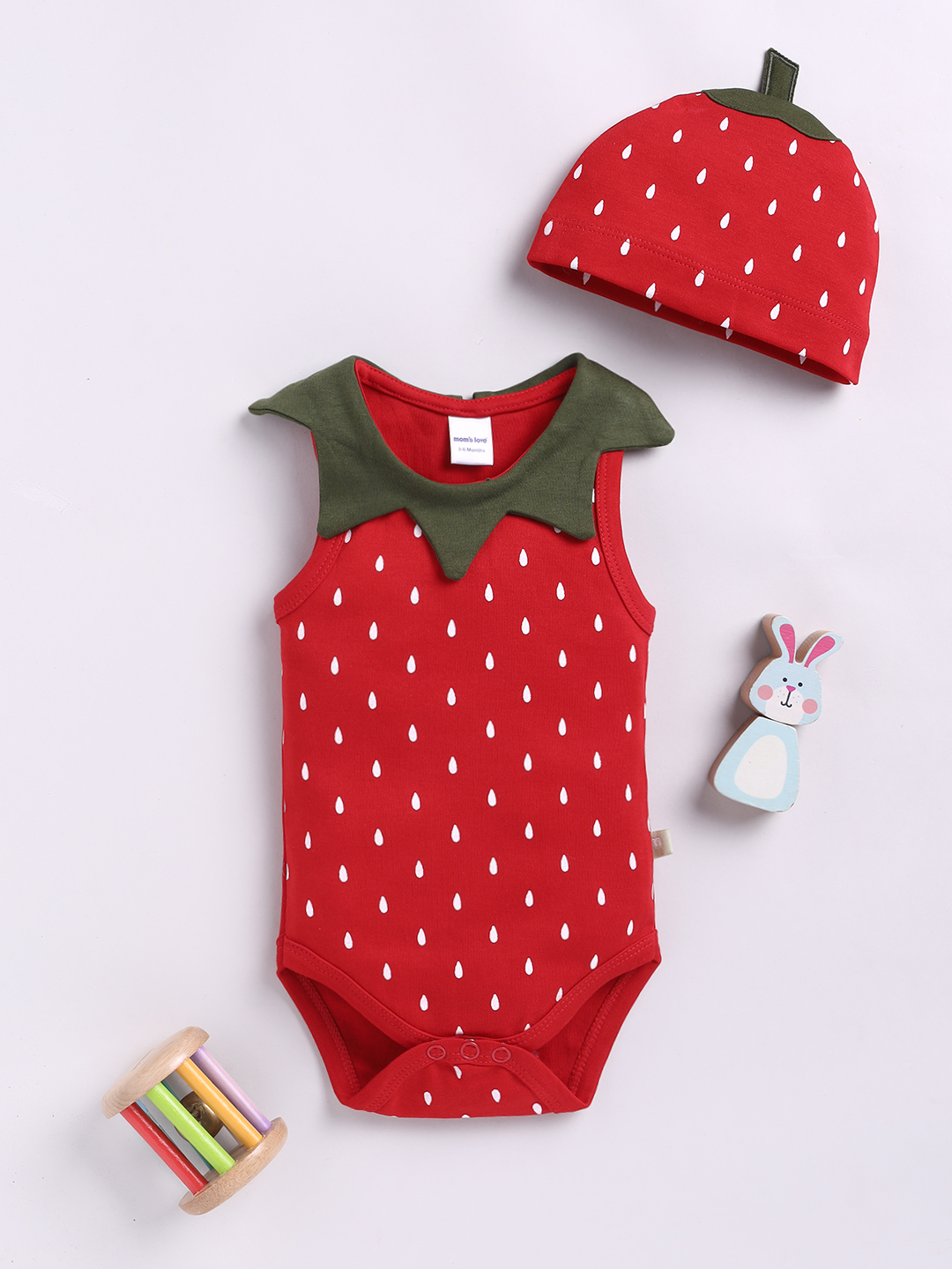 Mom’s Love Strawberry Print with Matching Cap Pure Cotton Bodysuit for Boys (Red, Pack of 1)