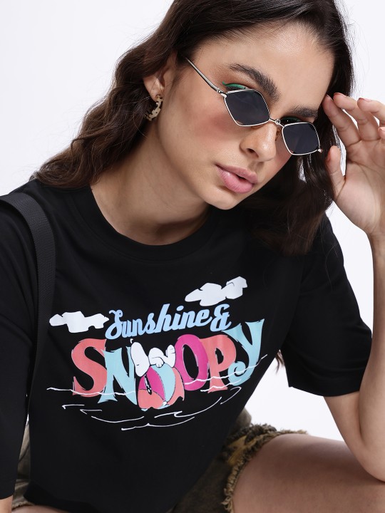 Black and Blue Snoopy Typography Crop T-Shirt for Women