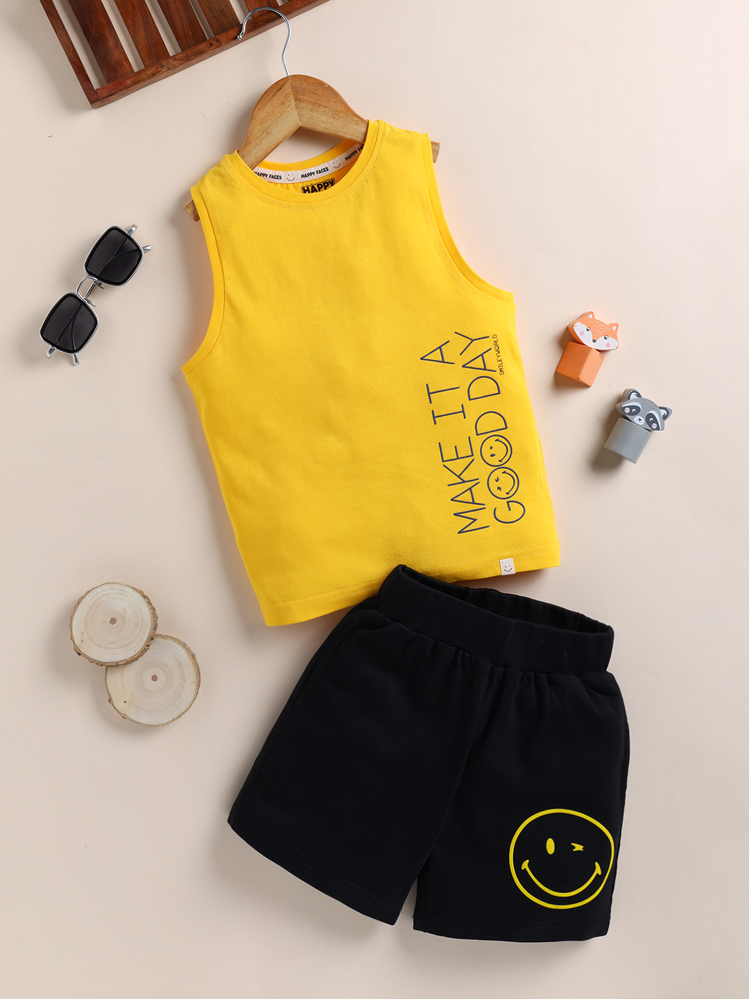 Happy Faces Smiley World Printed Pure Cotton Clothing Set For Boys(Yellow, Pack Of 1)