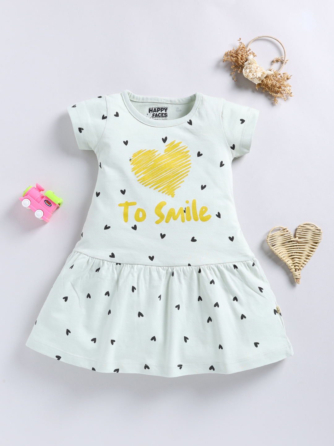 Happy Faces Graphic Printed Cotton Frock  for Girls(Pista Green, Pack Of 1)