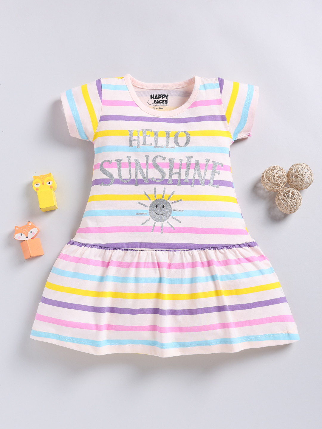 Happy Faces Graphic Printed Cotton Frock  for Girls(Light Salmon, Pack Of 1)