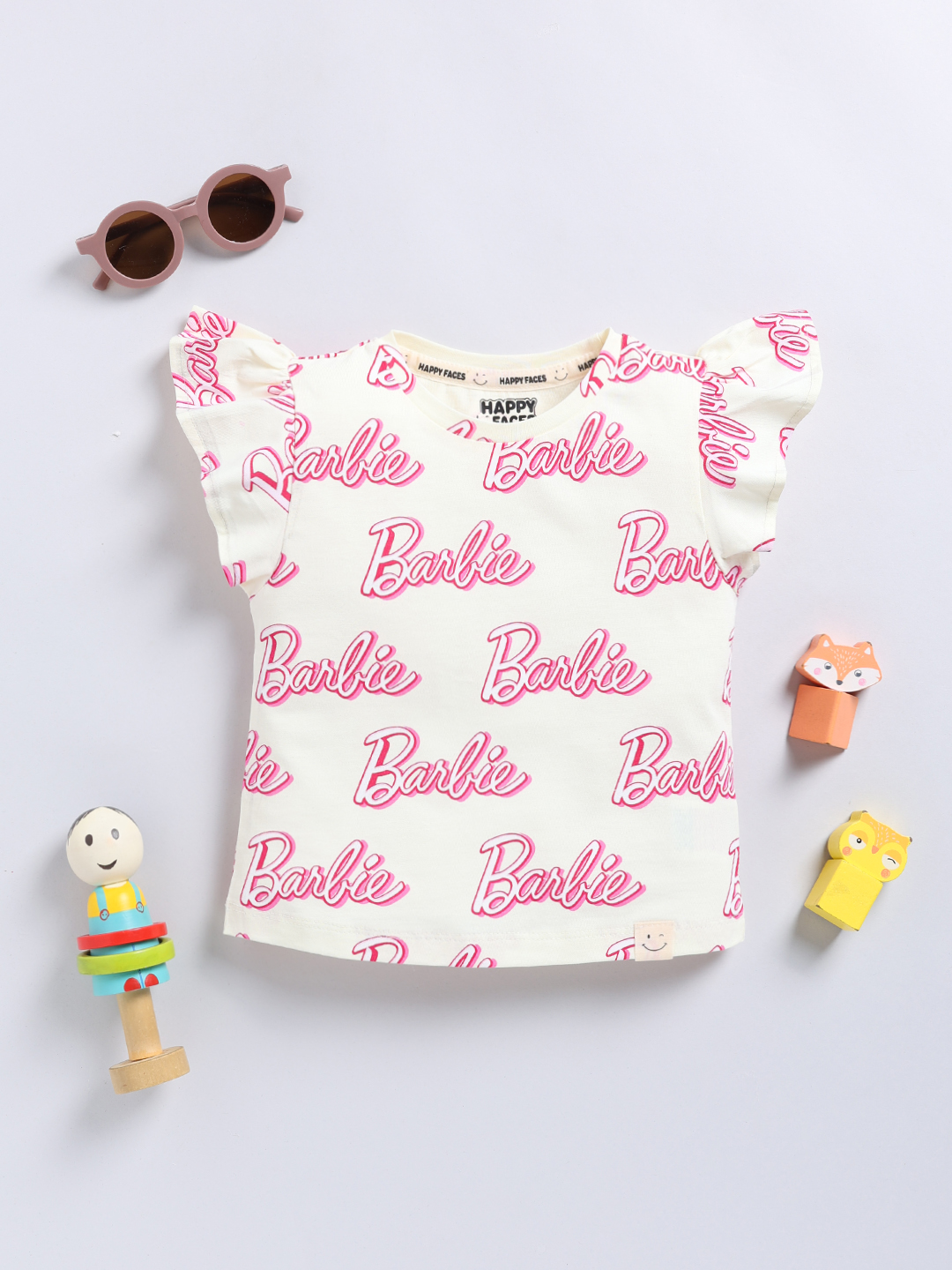 Happy Faces Barbie and Graphic Printed Cotton T-shirt With Frilled Sleeves for Girls(Butter, Pack Of 1)