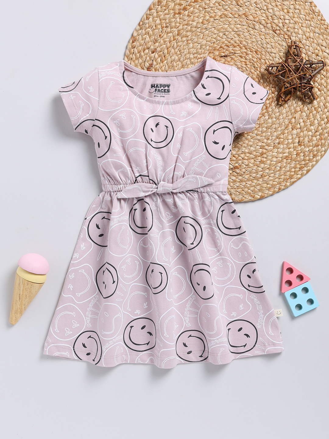 Happy Faces Smiley World and Graphic Printed Cotton Frock for Girls(Light Mauve, Pack Of 1)