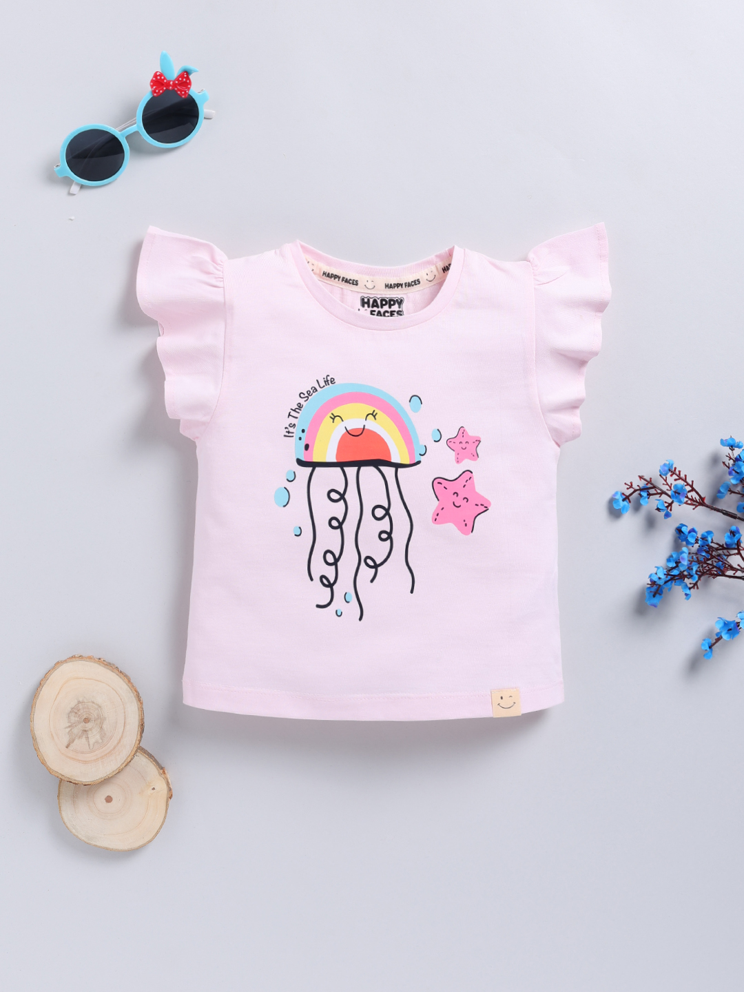 Happy Faces Graphic  Printed Cotton T-shirt With Frilled Sleeves for Girls(Rose Pink, Pack Of 1)