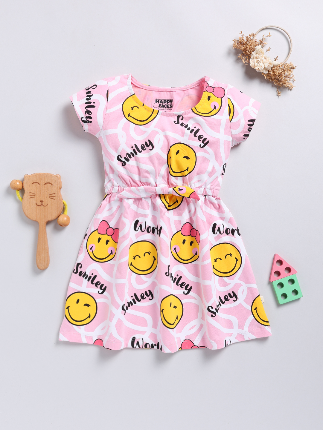 Happy Faces Smiley World and Graphic Printed Cotton Frock for Girls(Medium Pink, Pack Of 1)