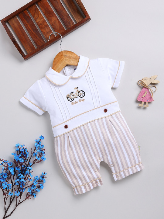 Mom’s Love Checked Printed Pure Cotton Romper for Infant Boys (beige, Pack of 1)