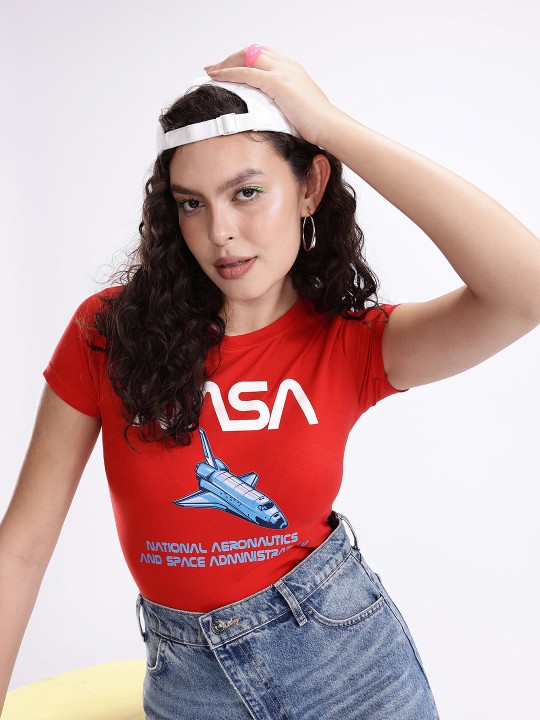 Red & Blue NASA Typography Printed T-Shirt for Women