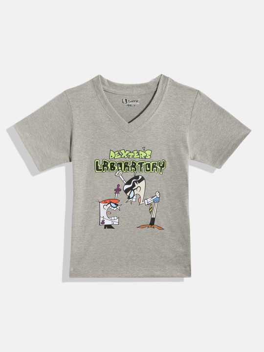 Eteenz Dexter’s Laboratory Comic Printed Premium Cotton V-Neck T-Shirt for Boys (Grey, Pack of 1)