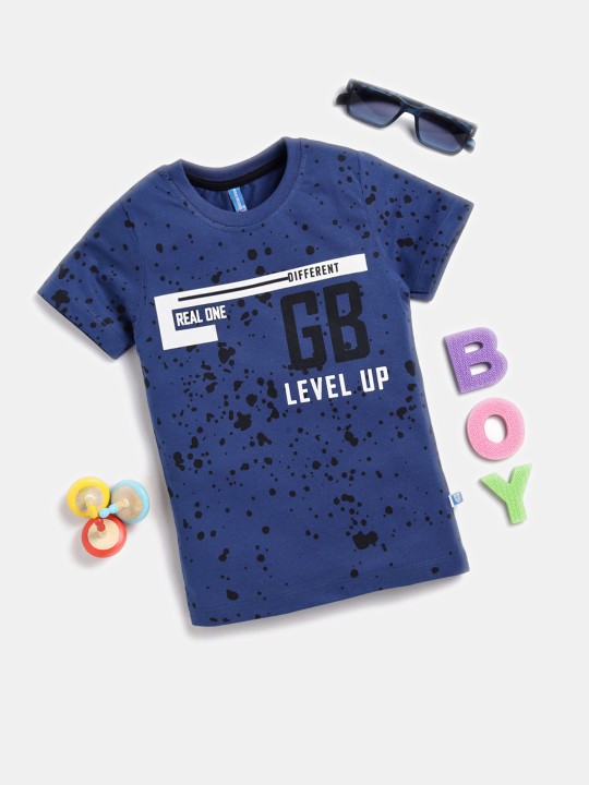 Boys Navy Blue Typography Printed Pure Cotton T-shirt