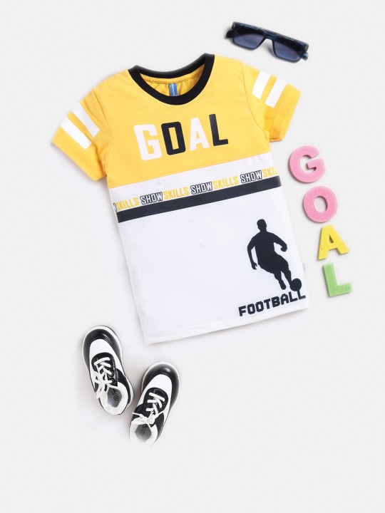Boys White and Yellow Typography Printed Pure Cotton T-shirt