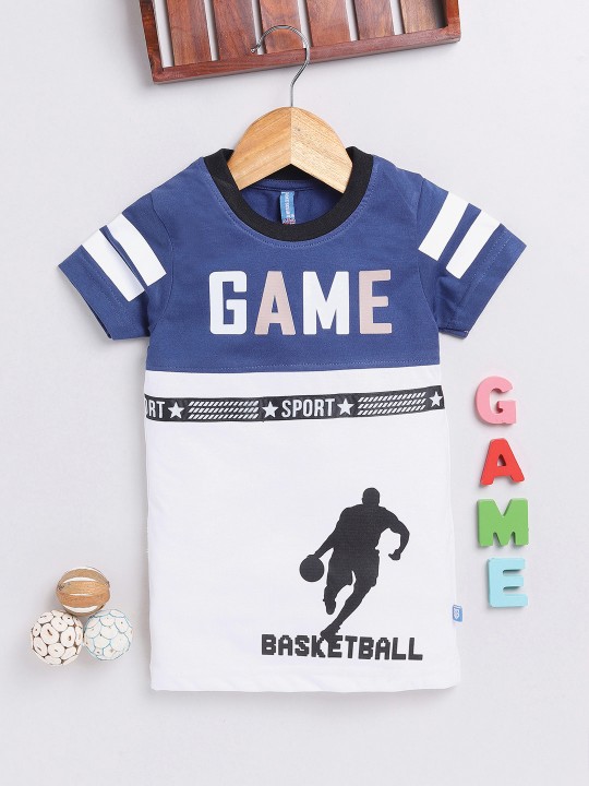 Boys Navy Blue and White Typography Printed Pure Cotton T-shirt