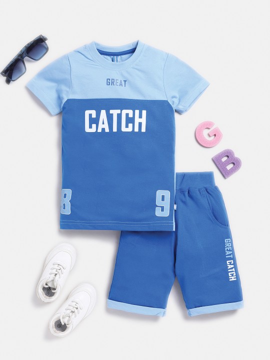 Boys Blue Pure Cotton Printed T-shirt with Shorts Set