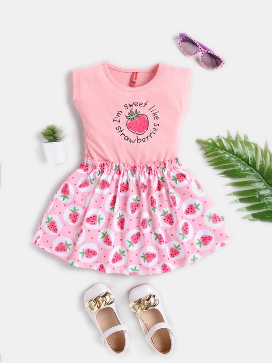 Girls Pink Conversational Printed Pure Cotton Fit and Flare Dress