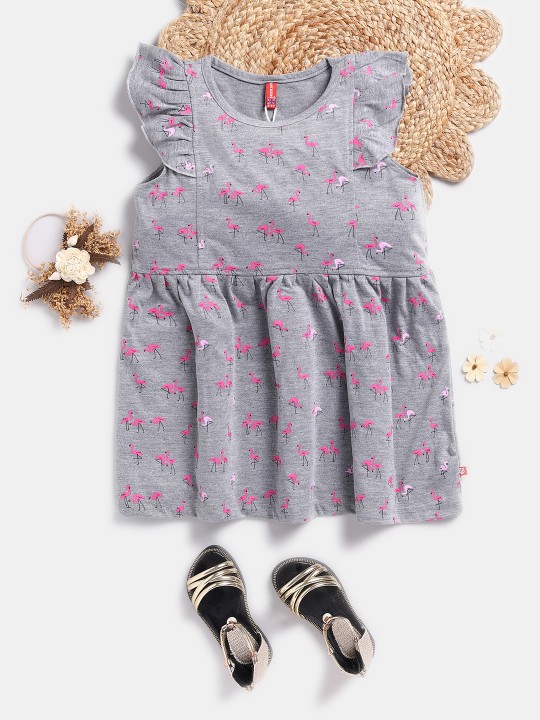 Girls Grey and Pink Tropical Printed Pure Cotton Fit and Flare Dress