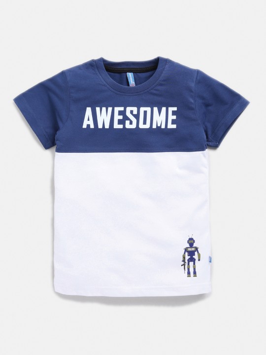 Boys Navy Blue and White Typography Printed Pure Cotton T-shirt