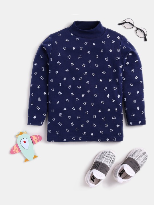 Girls Navy Blue Conversational Printed High Neck Pure Cotton T-shirt