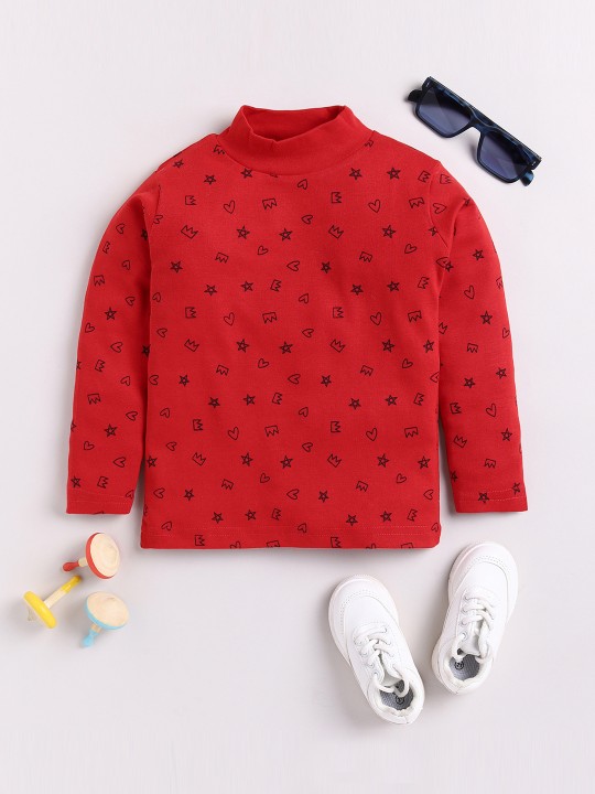Girls Red Conversational Printed High Neck Pure Cotton T-shirt