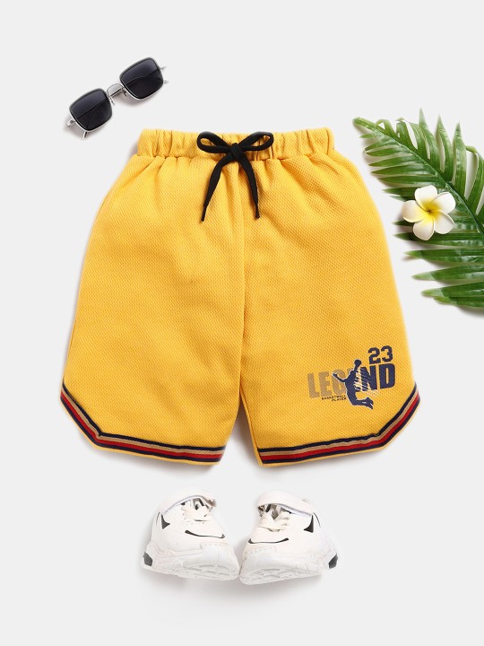 Boys Mustard Yellow Typography Printed Pure Cotton Sports Shorts