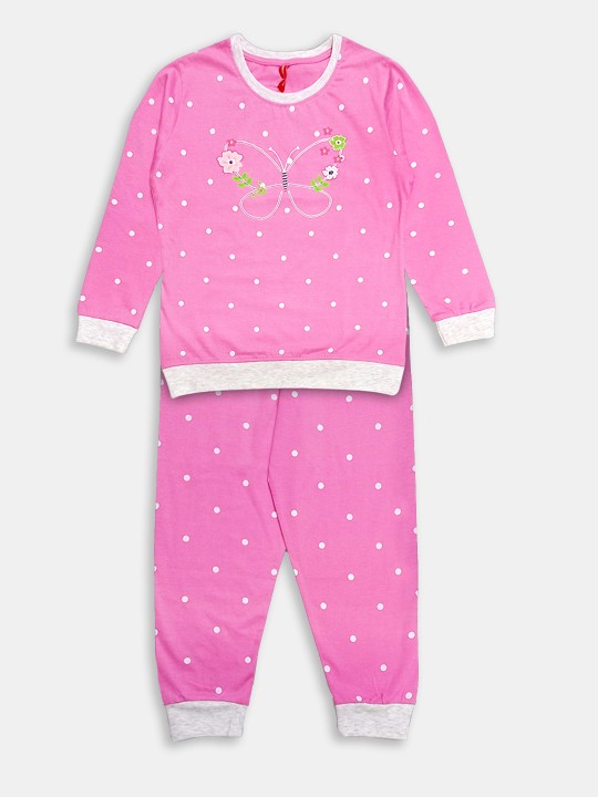 Girls Pink Printed Pure Cotton Top with Printed Joggers Set