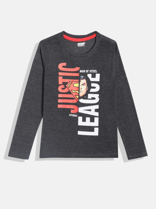 Boys Black Melange Justice League Printed Cotton Blend T-shirt