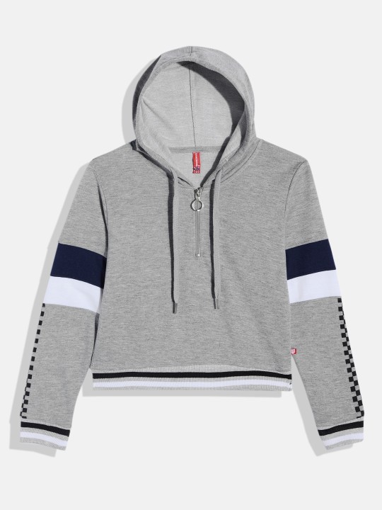 Girls Grey Striped Hooded Sweatshirt with Half Zipper