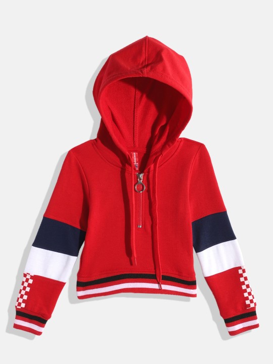 Girls Red Pure Cotton Hooded Sweatshirt with Half Zipper