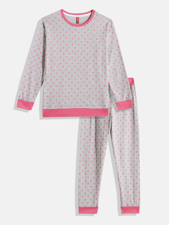 Girls Grey and Pink Pure Cotton Polka Dot Printed T-shirt with Printed Joggers Set