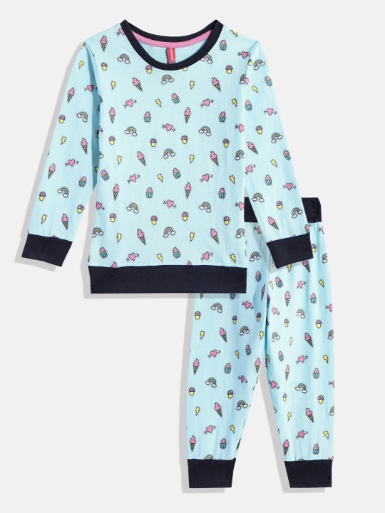 Girls Blue and Multicoloured Pure Cotton Printed T-shirt with Printed Joggers Set