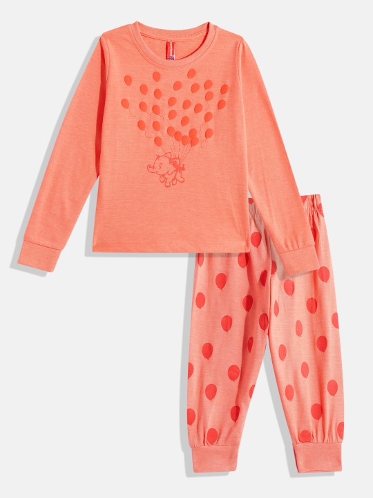 Girls Peach Pure Cotton Printed T-shirt with Printed Joggers Set