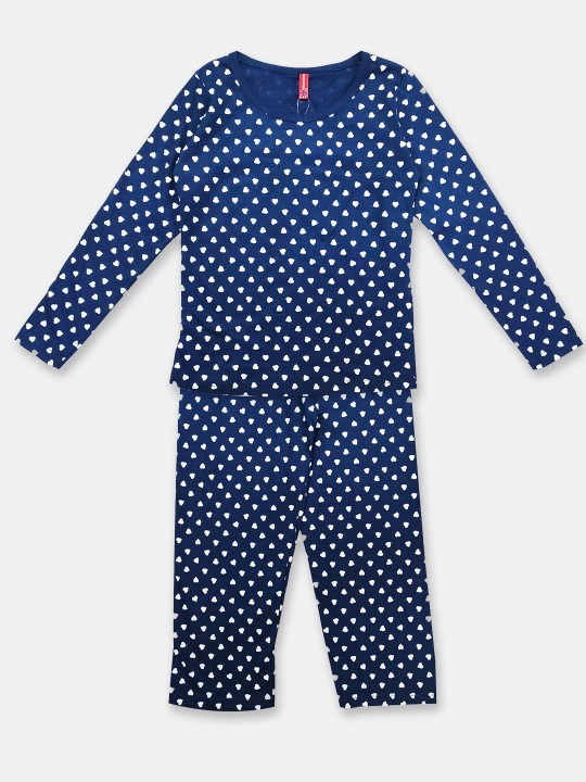 Girls Blue Printed Pure Cotton Top with Printed Trousers Set