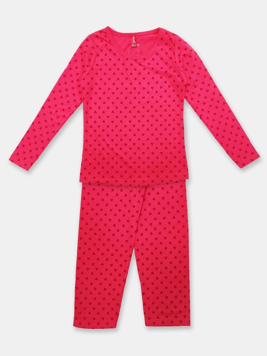 Girls Red Printed Pure Cotton Top with Printed Trousers Set
