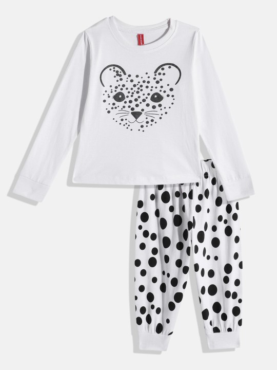 Girls White and Black Printed Pure Cotton Top with Printed Joggers Set