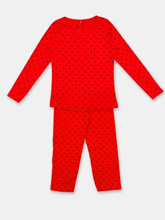 Girls Red Printed Pure Cotton Top with Printed Trousers Set