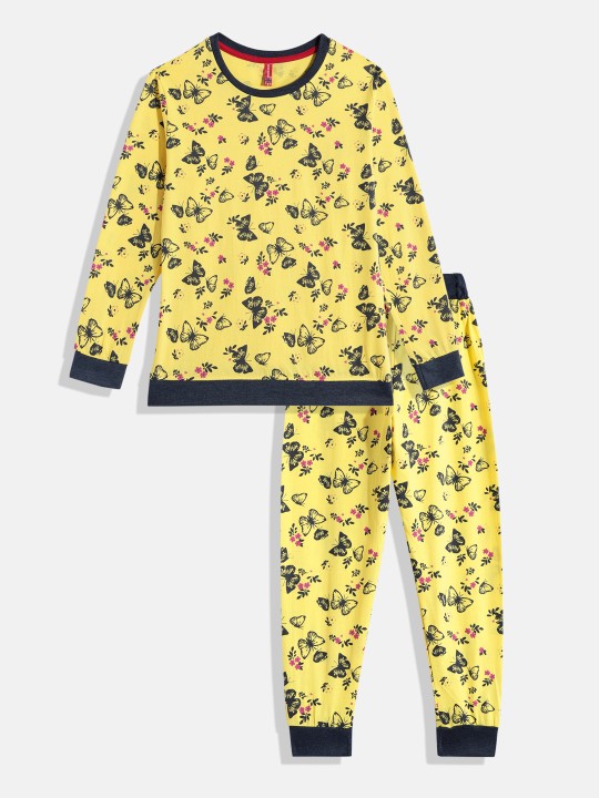Girls Yellow and Black Pure Cotton Printed T-shirt with Printed Joggers Set