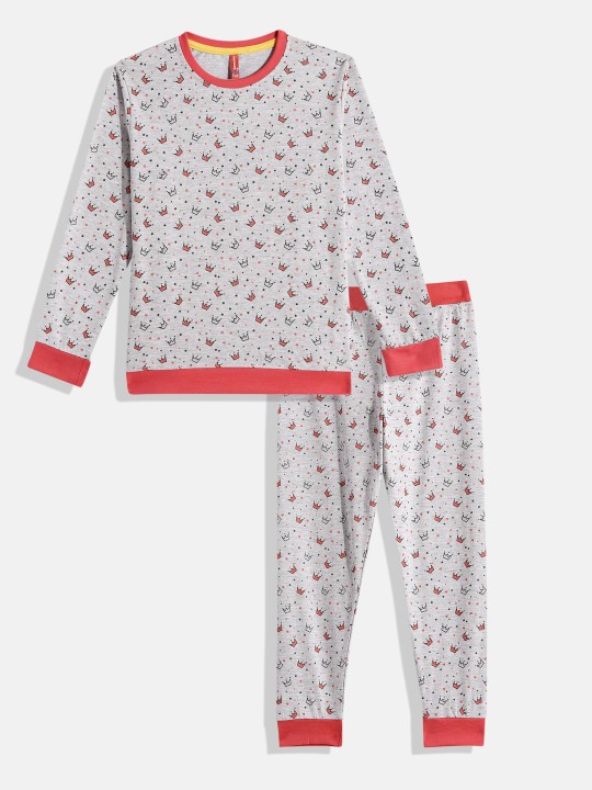 Girls Grey Pure Cotton Printed T-shirt with Printed Joggers Set