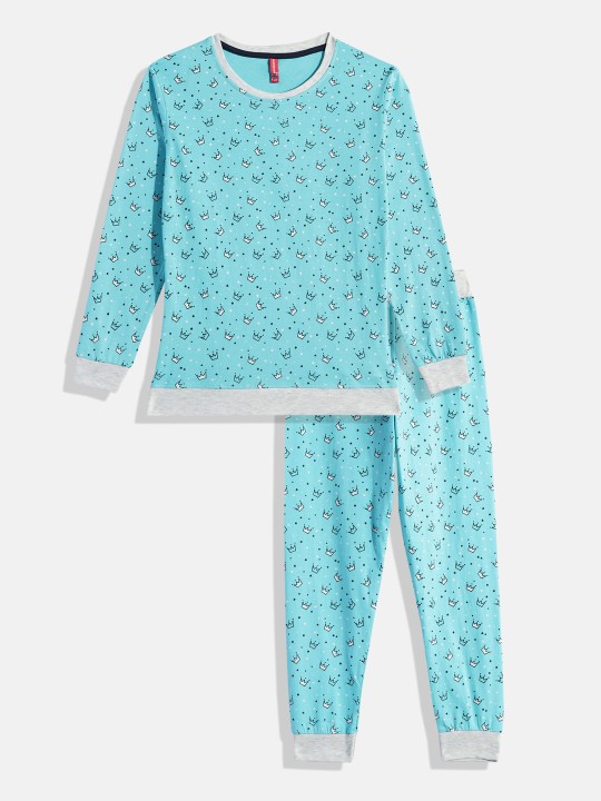 Girls Blue Pure Cotton Printed T-shirt with Printed Joggers Set