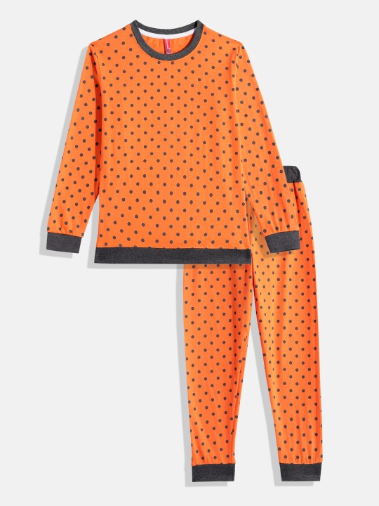 Girls Orange and Grey Pure Cotton Polka Dot Printed T-shirt with Printed Joggers Set