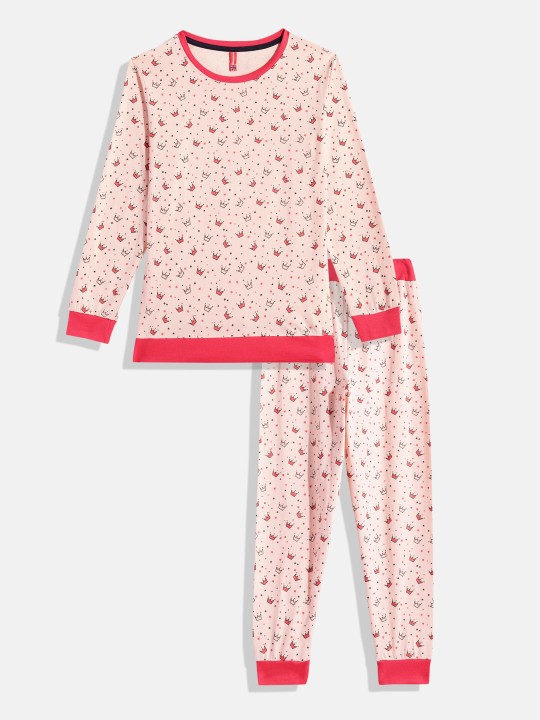 Girls Peach Pure Cotton Printed T-shirt with Printed Joggers Set