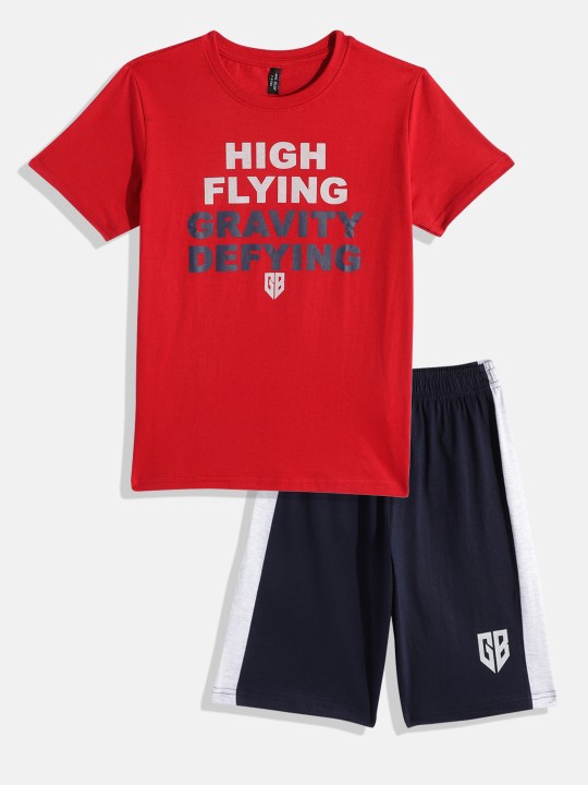 Boys Red Typography Printed Pure Cotton T-shirt with Navy Blue Shorts Set