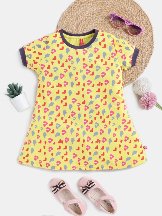 Girls Yellow and Multicoloured Conversational Printed Pure Cotton A-Line Dress