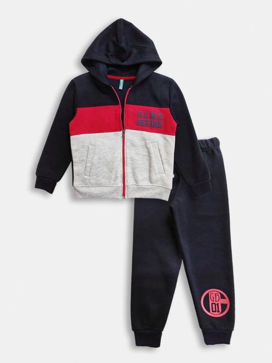 Boys Pure Cotton Colourblocked Hooded Sweatshirt & Printed Joggers Set – Navy Blue