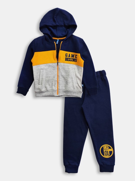 Boys Pure Cotton Navy Blue Colourblocked Hooded Sweatshirt & Printed Joggers Set
