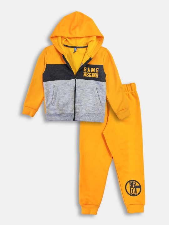 Boys Pure Cotton Colourblocked Hooded Sweatshirt & Printed Joggers Set
