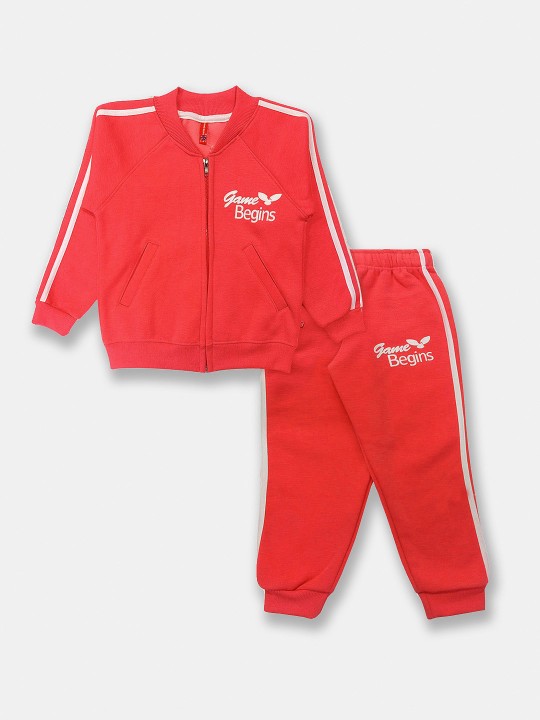 Girls Printed Pure Cotton Red Sweatshirt & Joggers Set