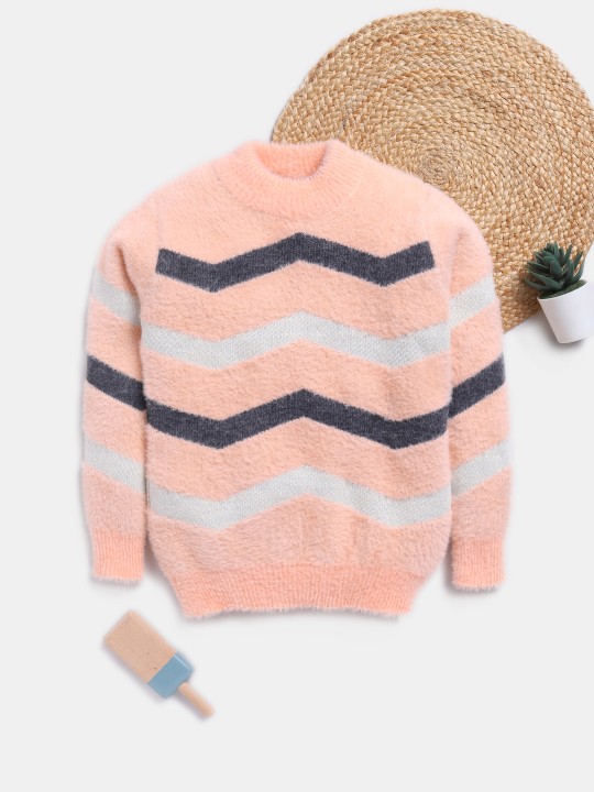 Girls Striped Woollen Pullover with Fuzzy