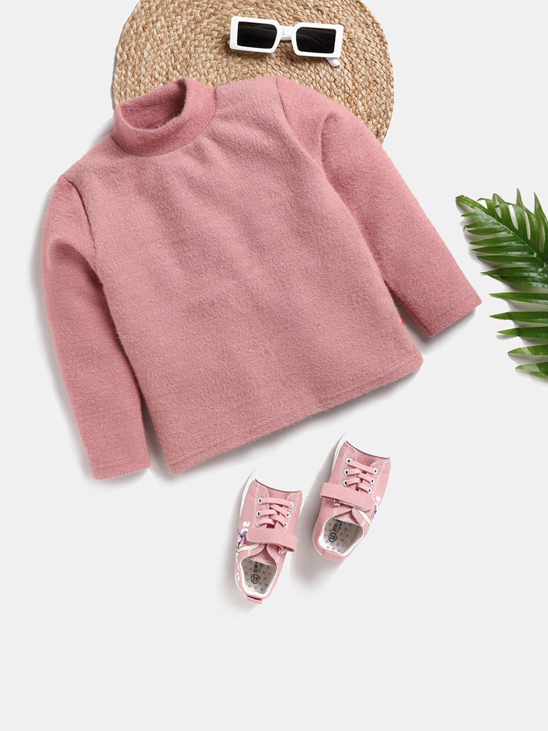 Girls Peach High Neck Cotton Shimmer Pullover Sweater