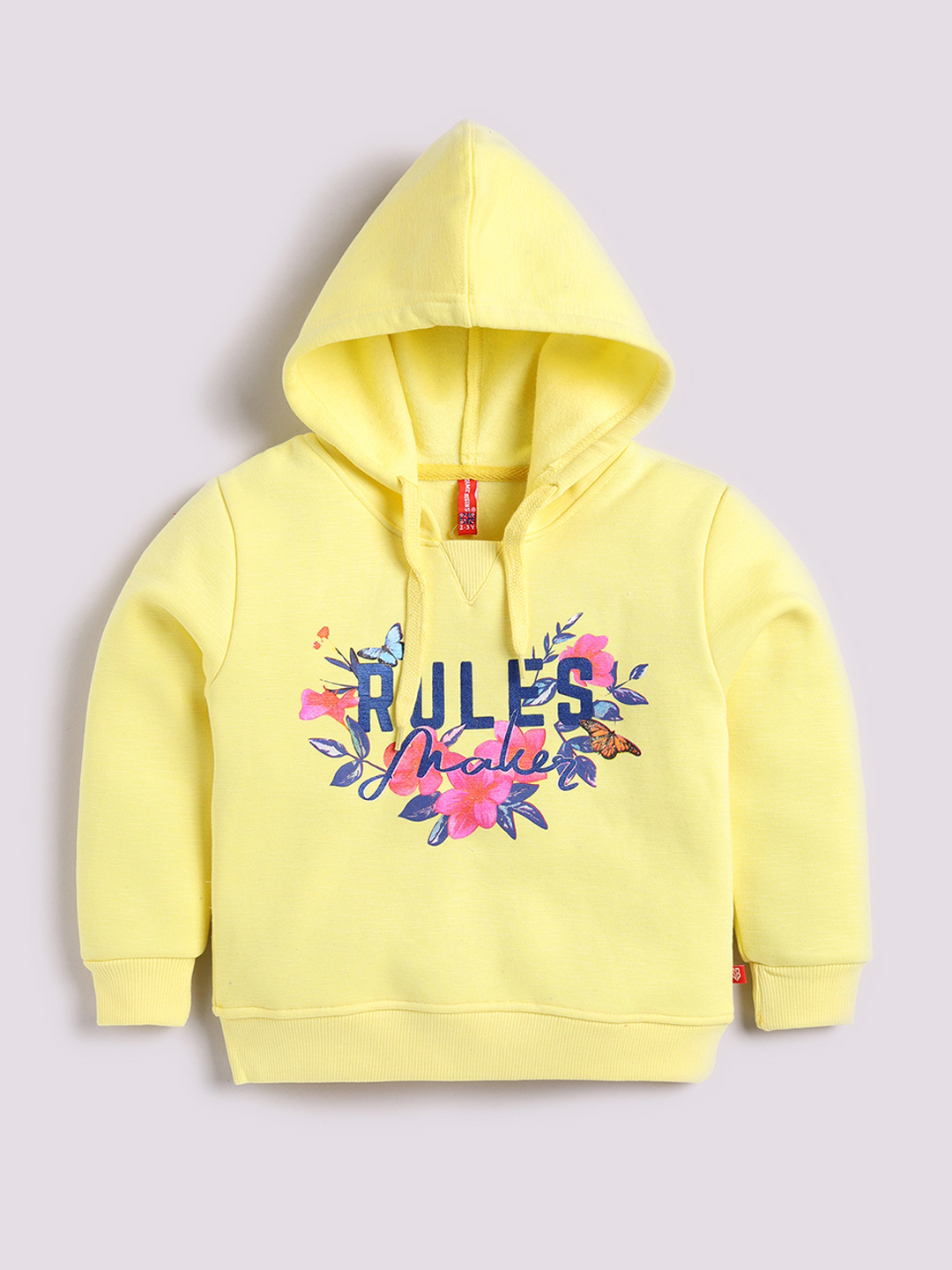 Girls Yellow Fleece Lined Printed Hooded Sweatshirt