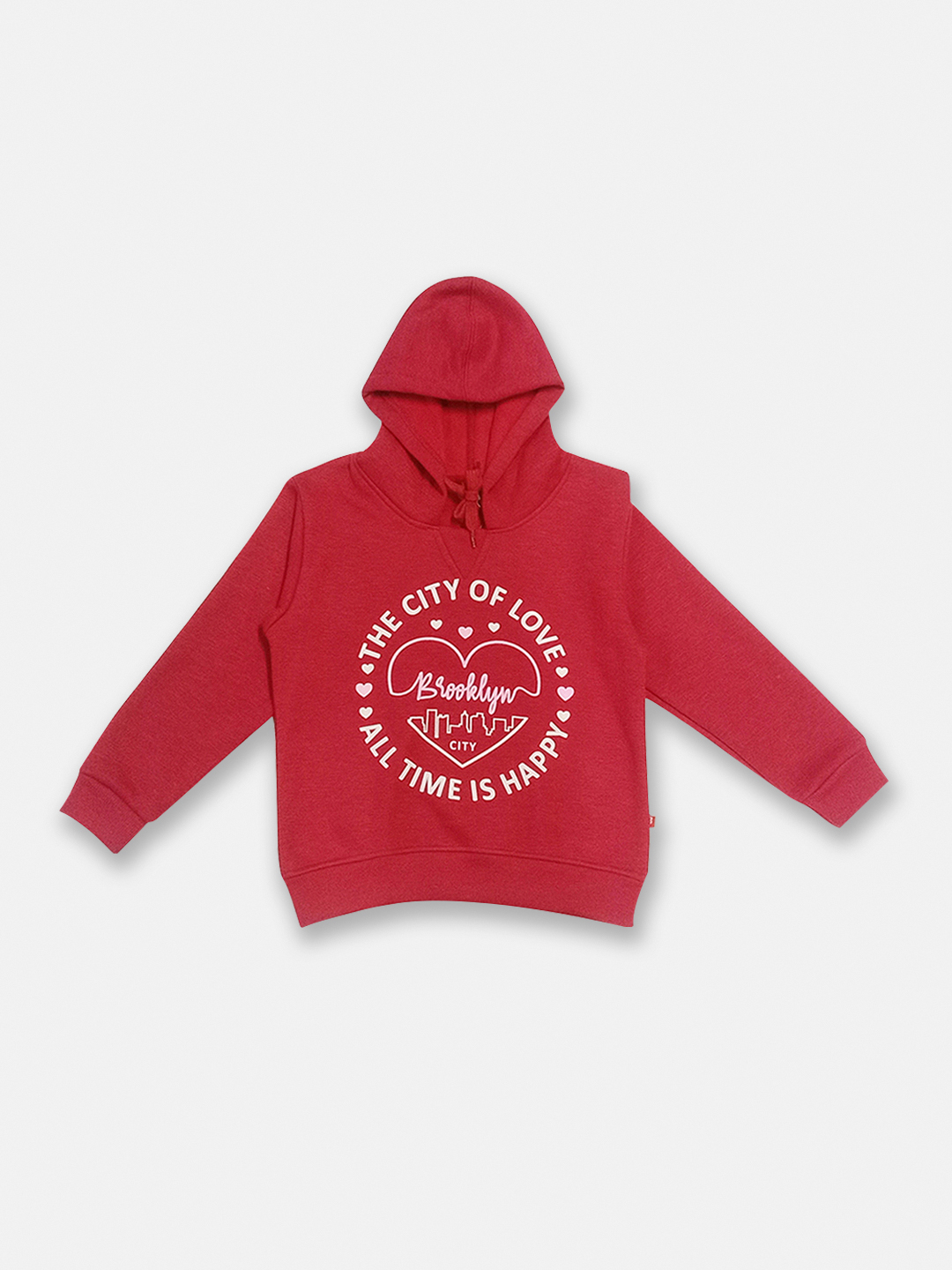 Girls Red Printed Hooded Cotton Sweatshirt
